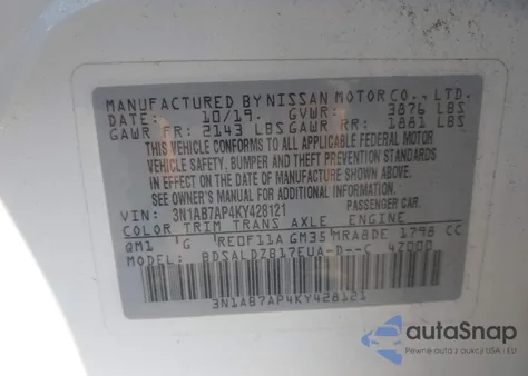 2019 Nissan Sentra S/Sv/Sr/Sl из США, поврежденный, VIN 3N1AB7AP4KY428121